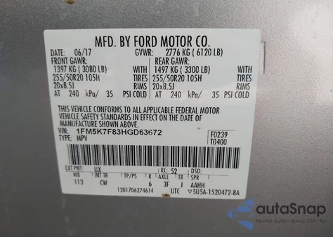 2017 Ford Explorer Limited z USA, uszkodzony, nr VIN 1FM5K7F83HGD63672